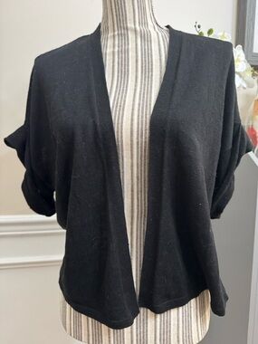 J. JIll Linen Blend Short Sleeve Black Open-Front Cardigan